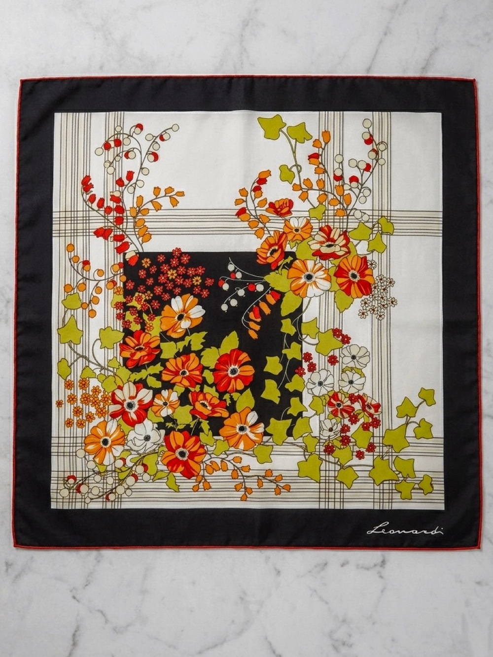 Leonardi Floral Retulangular Vintage Floral Scarf 30 X 30 Made in Italy